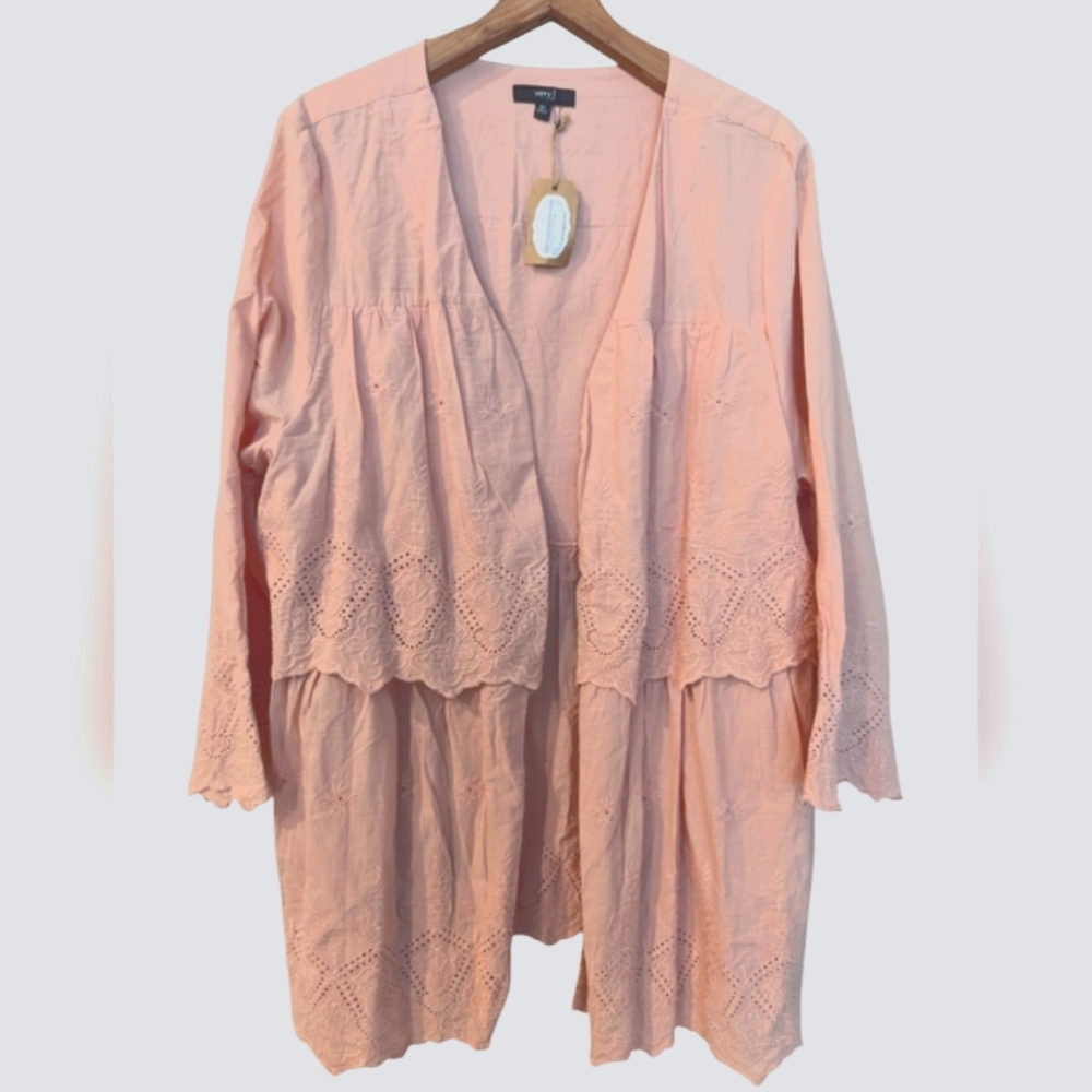 VERY J Open Front Long Eyelet Trim Cardigan Light Peach Size 2X